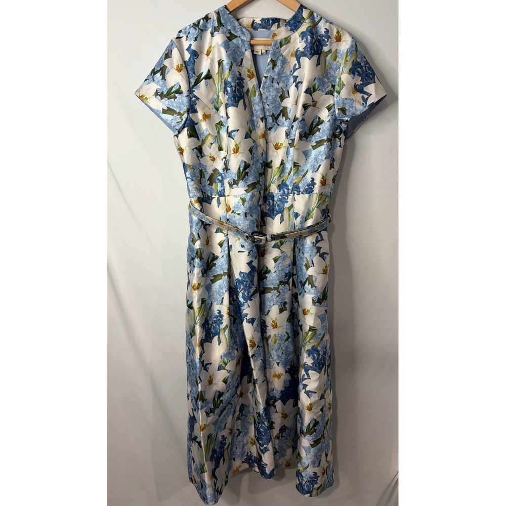 Sachin & Babi Charlotte Mikado Blue Floral Lily Belted Midi Dress Pockets Sz 14